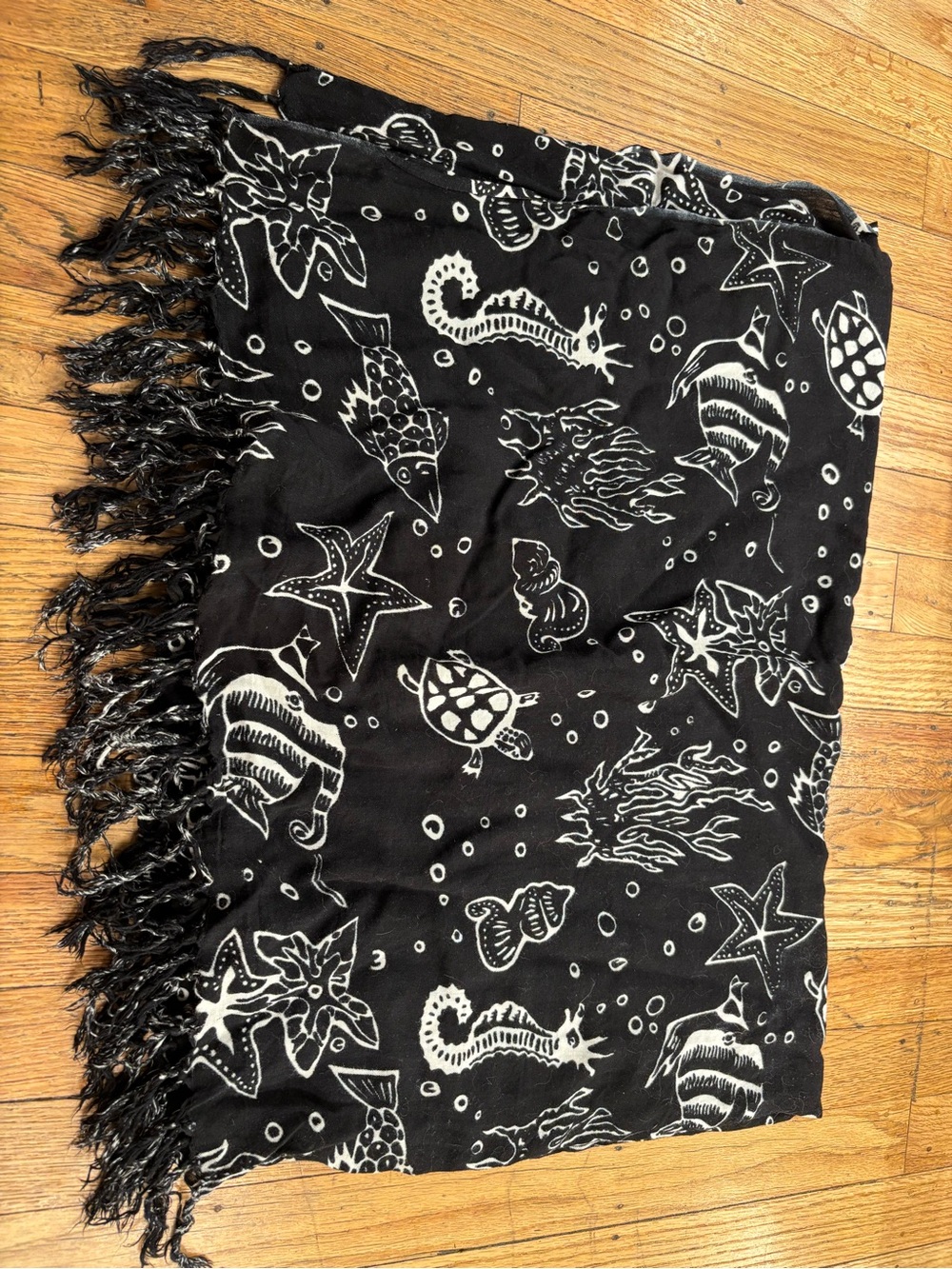 Black Ocean Print Fringe Swim Sarong Cover-Up